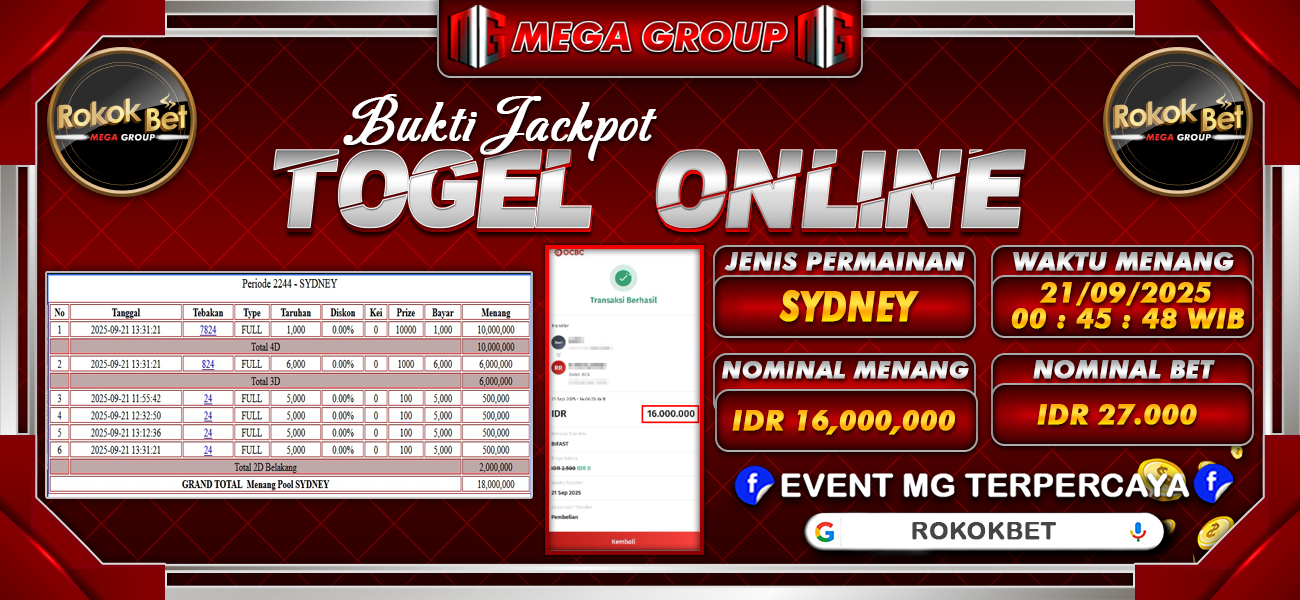 Bukti JP situs Rokokbet hari Minggu, 21 September 2025