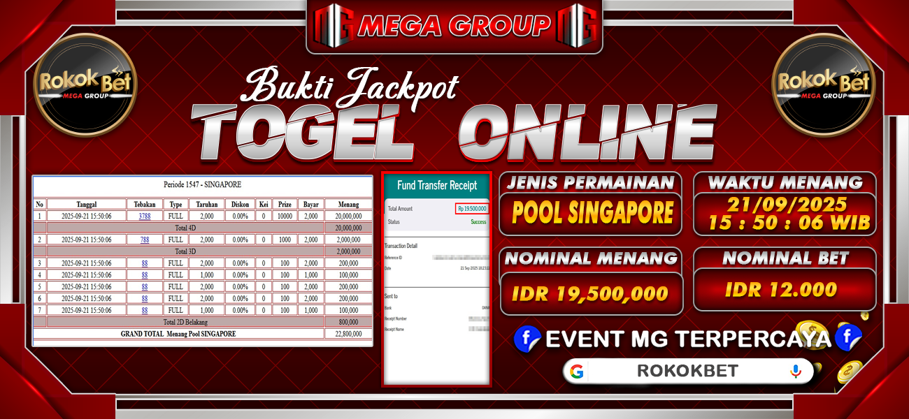 Bukti JP situs Rokokbet hari Minggu, 21 September 2025