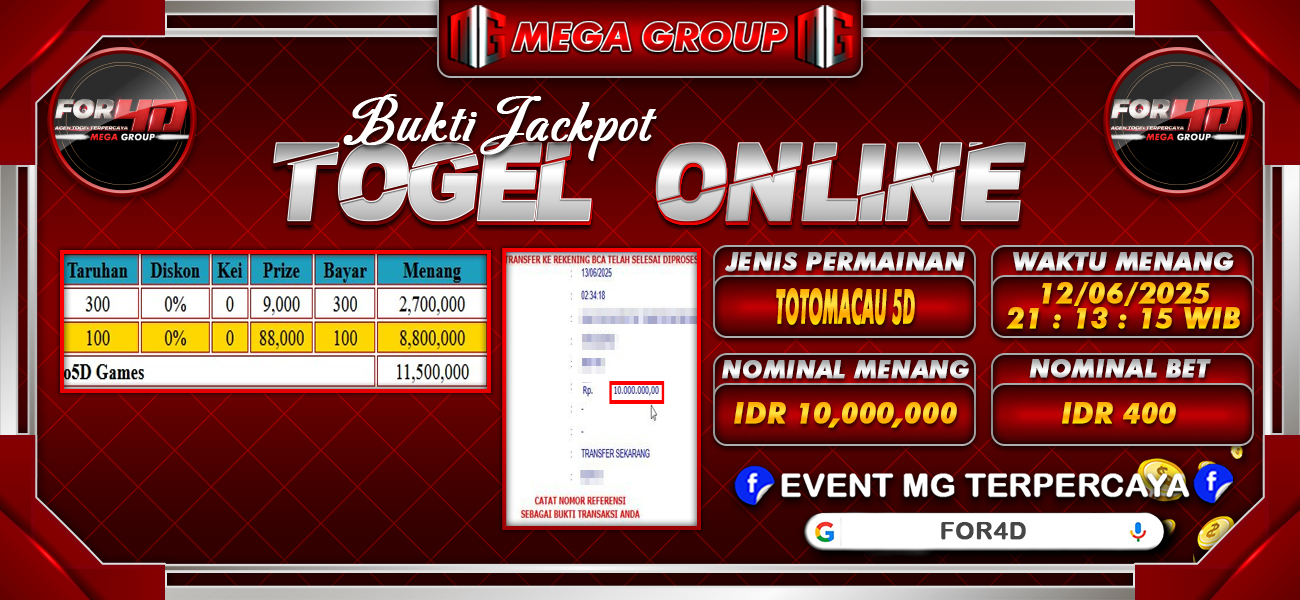 Bukti JP situs For4D hari Jumat, 13 Juni 2025